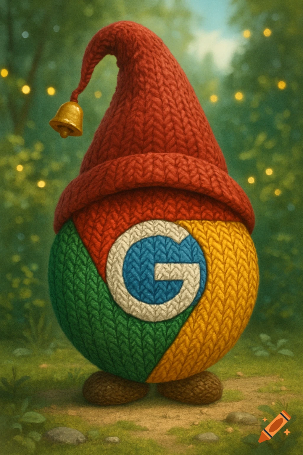 A knitted Google Chrome logo wearing a red gnome hat with a golden bell, standing in a whimsical forest with bokeh lights.