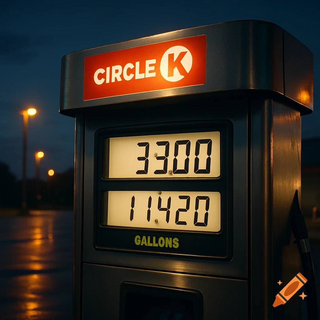 A close-up, photorealistic shot of a Circle K gas pump display at night, showing 33.00 and 11.420 gallons.