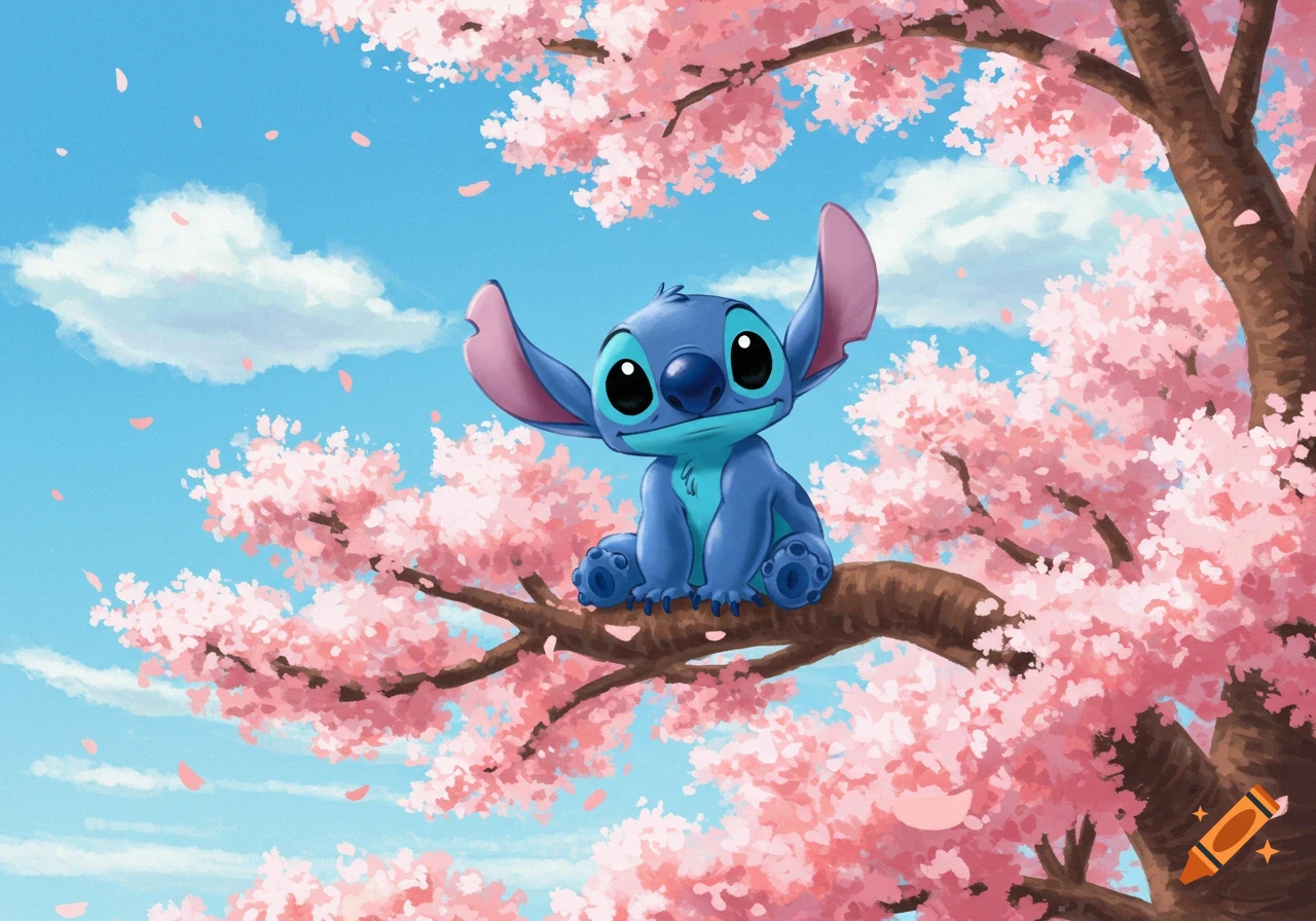 Stitch, the blue alien cartoon character, sits on a tree branch surrounded by vibrant pink cherry blossoms and falling petals under a blue sky.