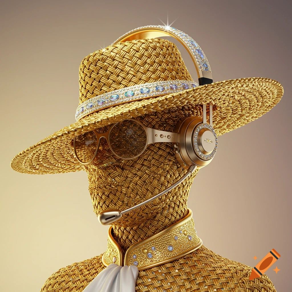 A faceless bust made of golden woven material wearing a diamond-encrusted golden straw hat, headphones with a microphone, and sunglasses.