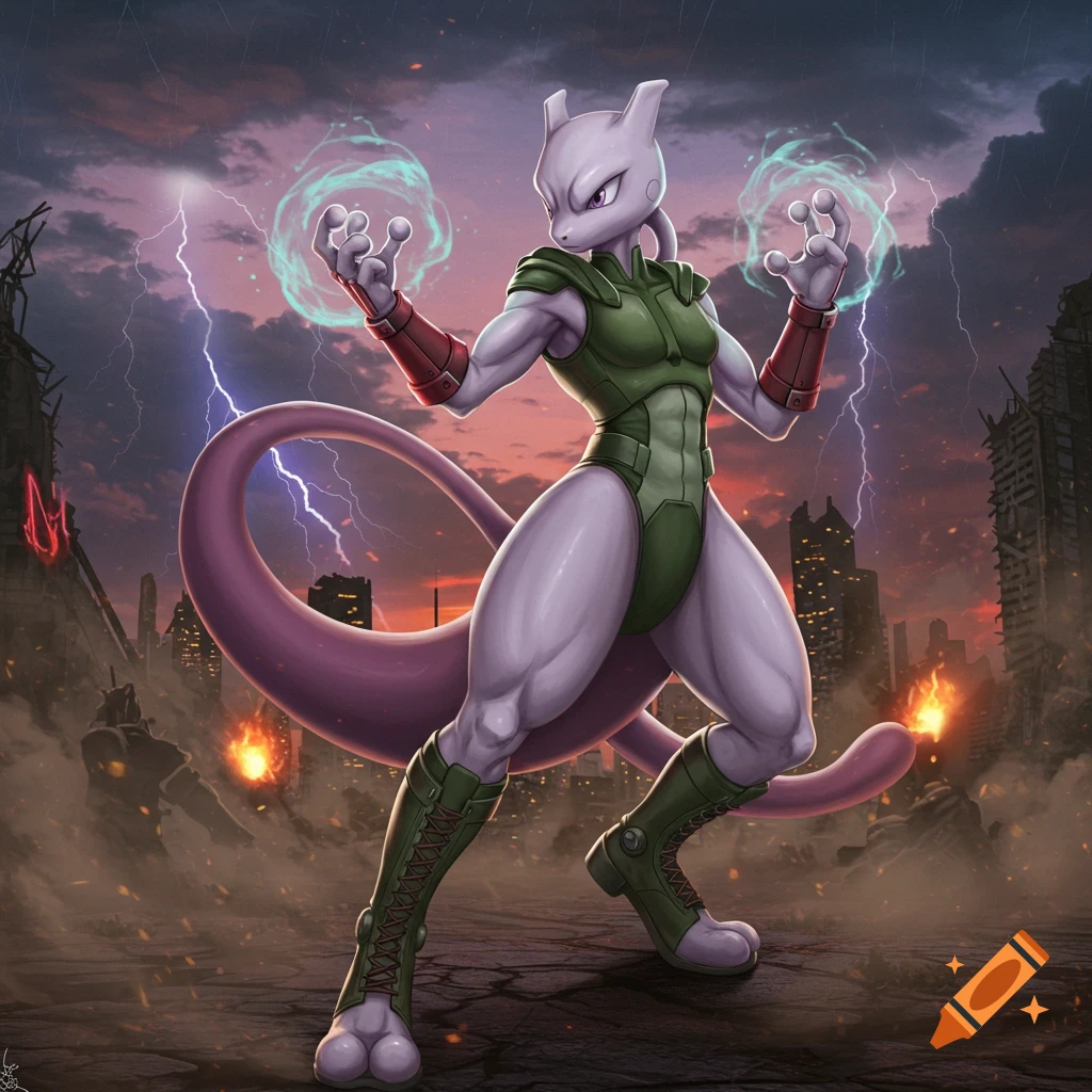 Mewtwo in a green and red armored suit, generating blue energy orbs, stands in a destroyed city under a stormy, lightning-filled sky.
