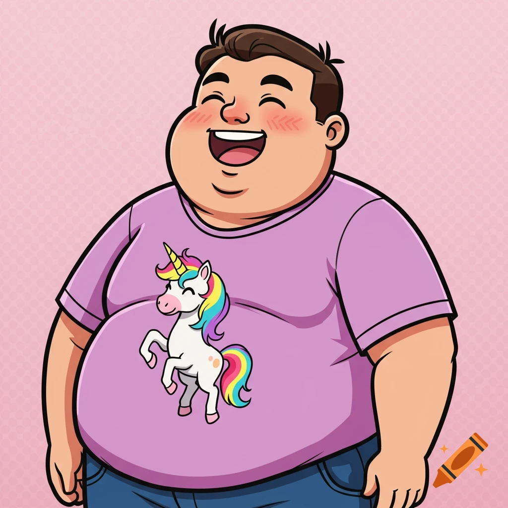 A smiling, rotund cartoon man with dark hair wears a purple t-shirt featuring a colorful unicorn with a rainbow mane and tail on a pink background.