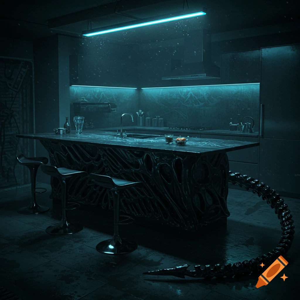 A dimly lit, futuristic kitchen features a large island bar designed with a dark, organic, ribbed texture reminiscent of a Xenomorph, with a segmented tail curving across the floor. Neon blue lights illuminate the counter and the back wall.