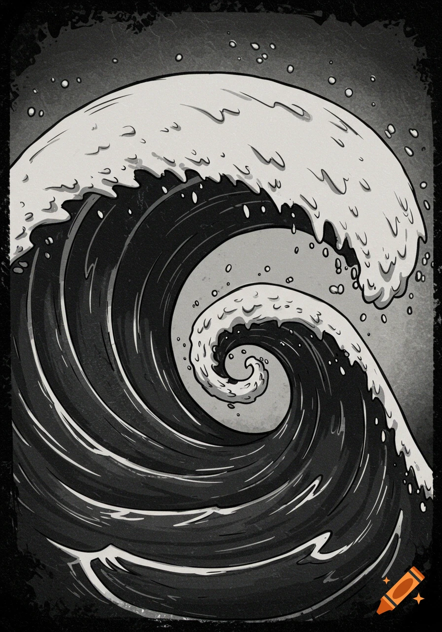 A dark, whimsical, gothic-style wave with sharp, curving shapes and white foam, rendered in black and white with strong contrasts.