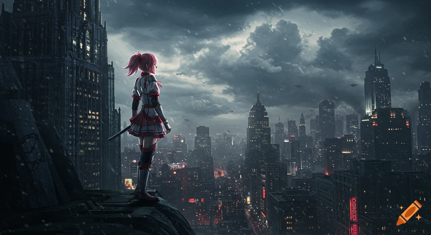 Pink-haired anime girl in armor stands on a skyscraper, overlooking a dark, snowy futuristic city at night. Digital art.