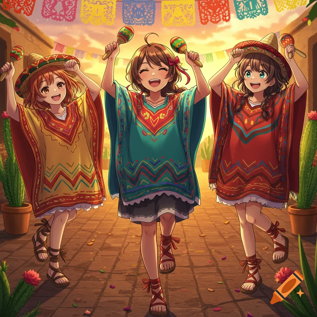 Three happy anime girls in colorful Mexican ponchos and straw hats dance outdoors, shaking maracas under festive banners.