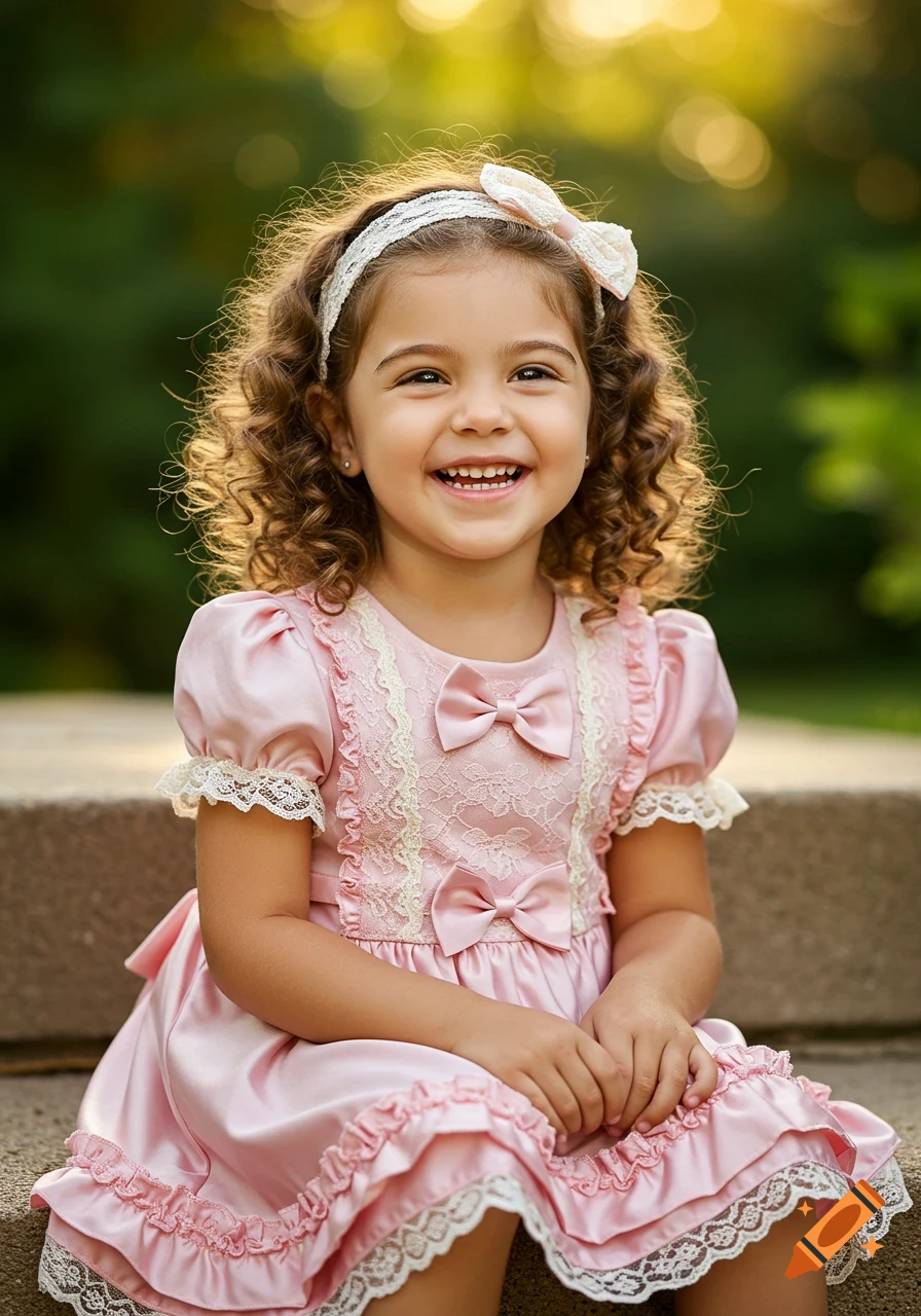 A photograph of a smiling young girl with curly hair and a lace headband, wearing a pink satin dress with ruffles, lace, and bows, sitting outdoors.