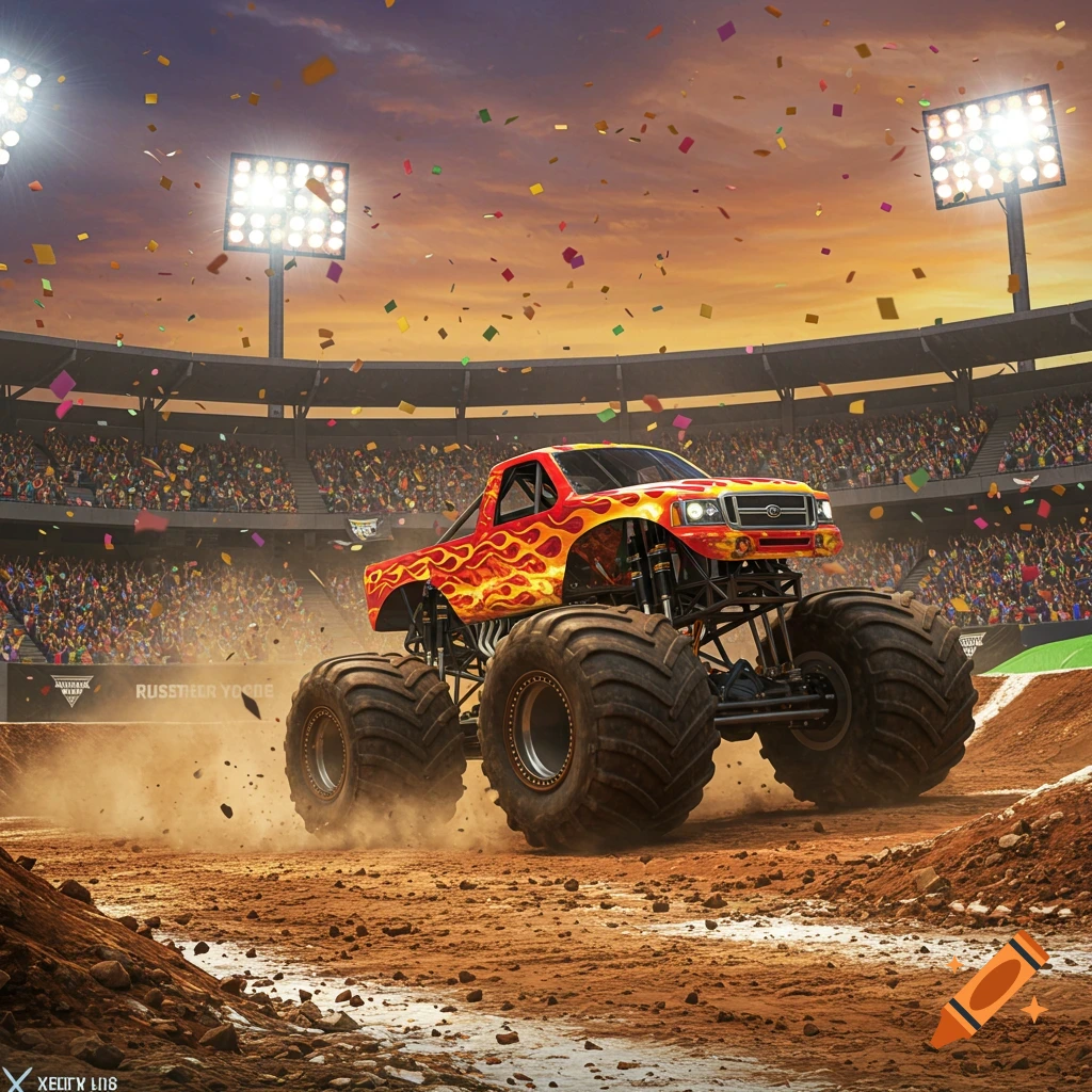 Red monster truck with flame decals kicks up dirt in a stadium during sunset, confetti falling, bright lights, photorealistic.