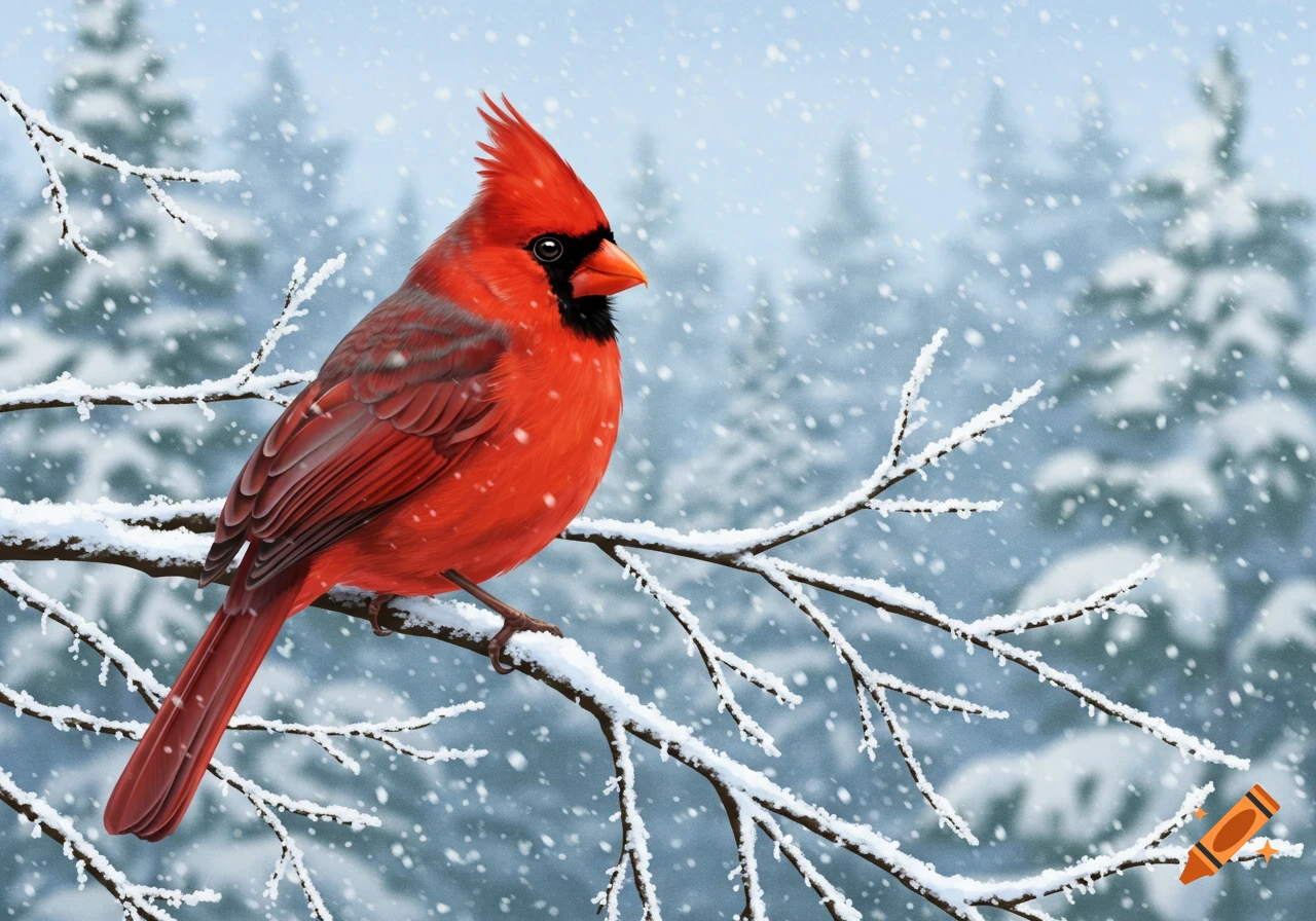 A vibrant red cardinal perches on a snow-covered branch during a winter snowfall, painted style.