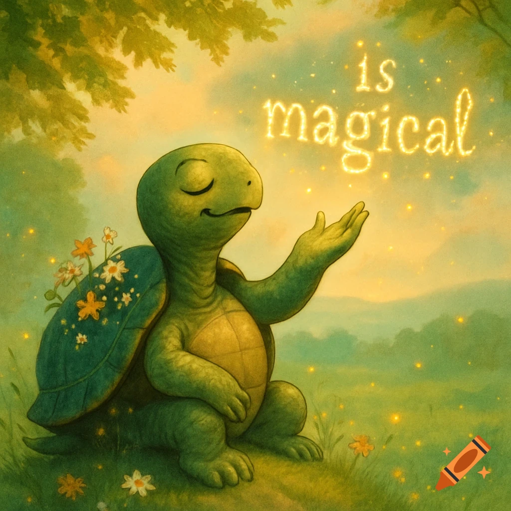 A cartoon turtle with flowers on its shell sits in a field, looking at glowing text that reads 'is magical' in the sky.