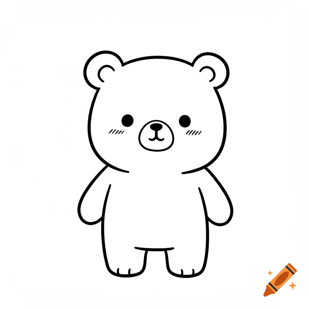 A cute, simple black and white line art illustration of a standing bear with rounded features.