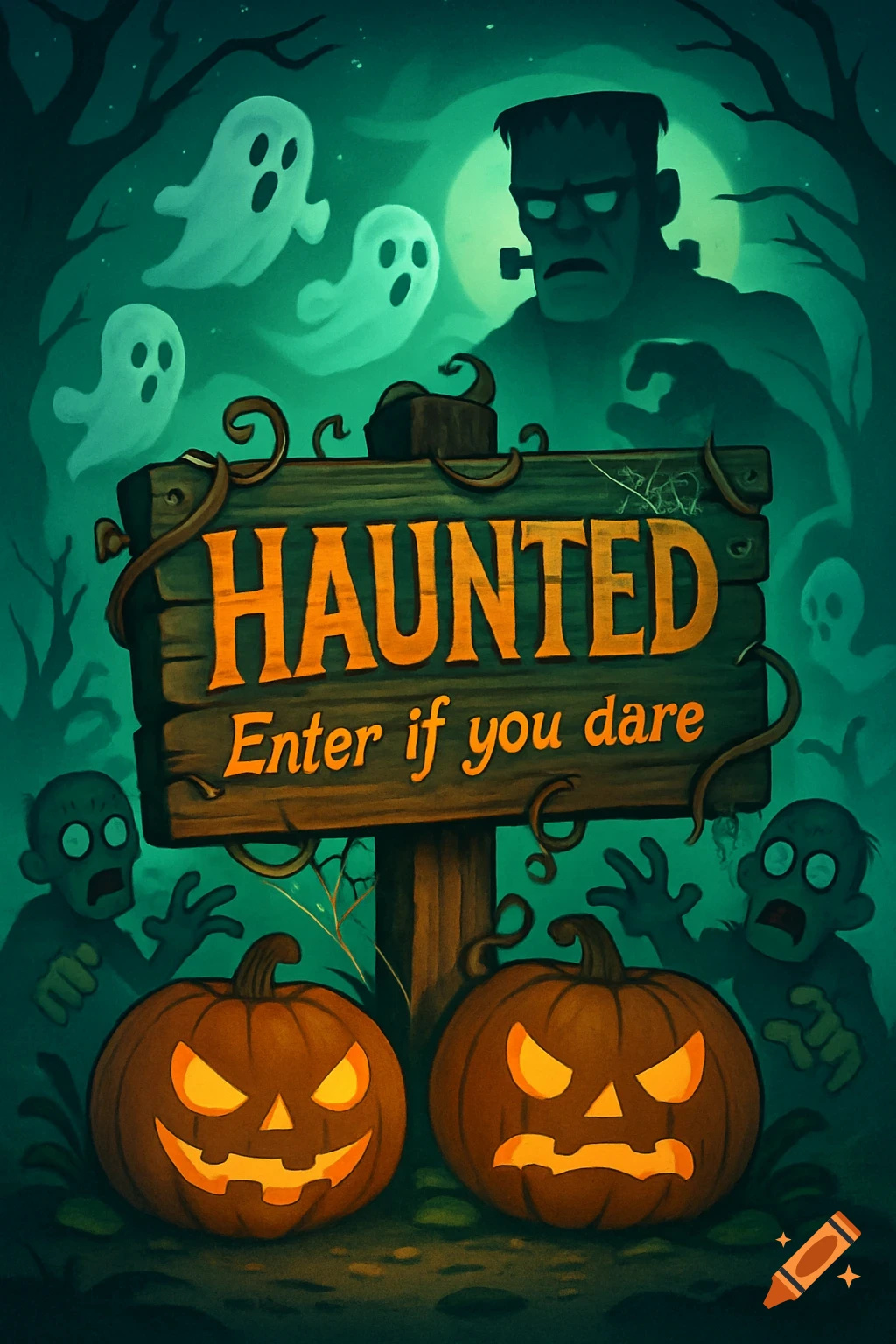 Cartoon Halloween illustration: 'HAUNTED Enter if you dare' sign with jack-o'-lanterns, ghosts, zombies, and Frankenstein in a spooky forest.