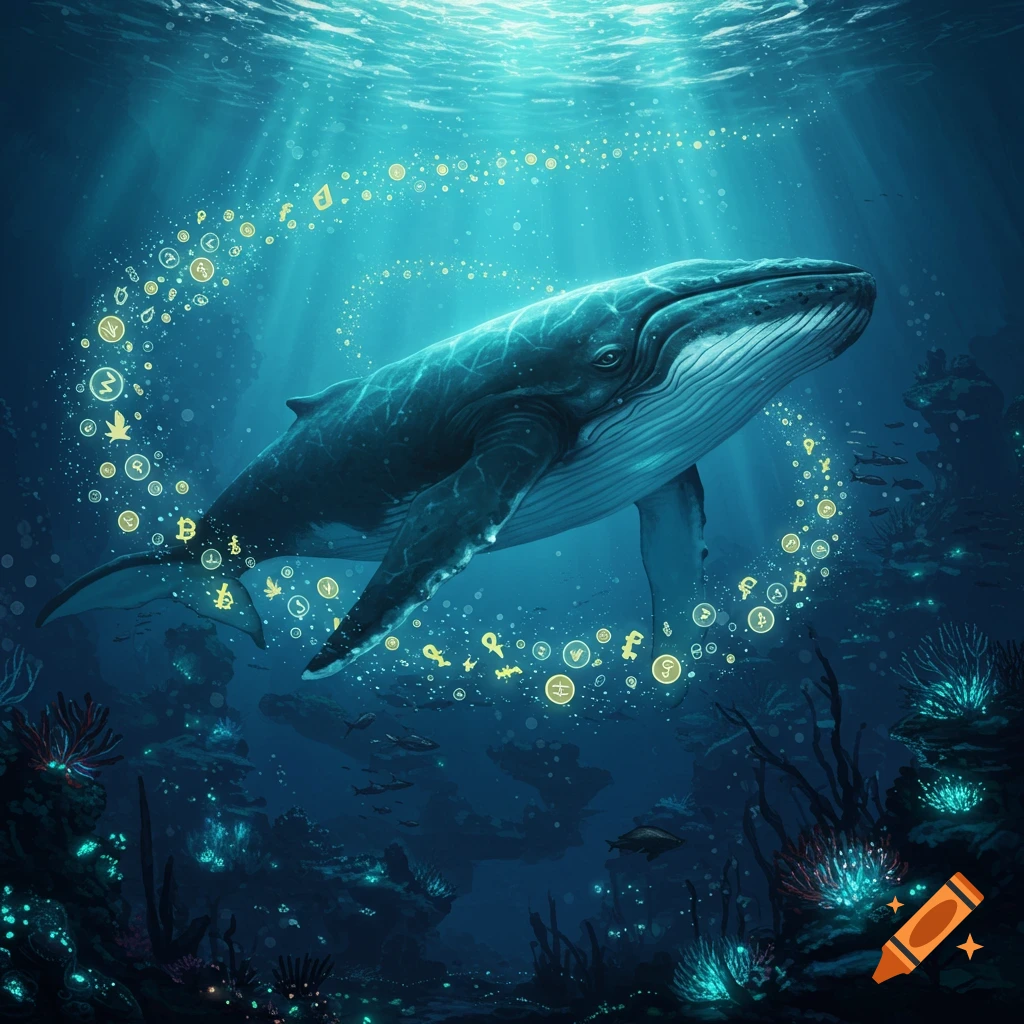 A large blue whale swims deep underwater, encircled by glowing golden cryptocurrency symbols, with light rays from the surface and luminous coral below.