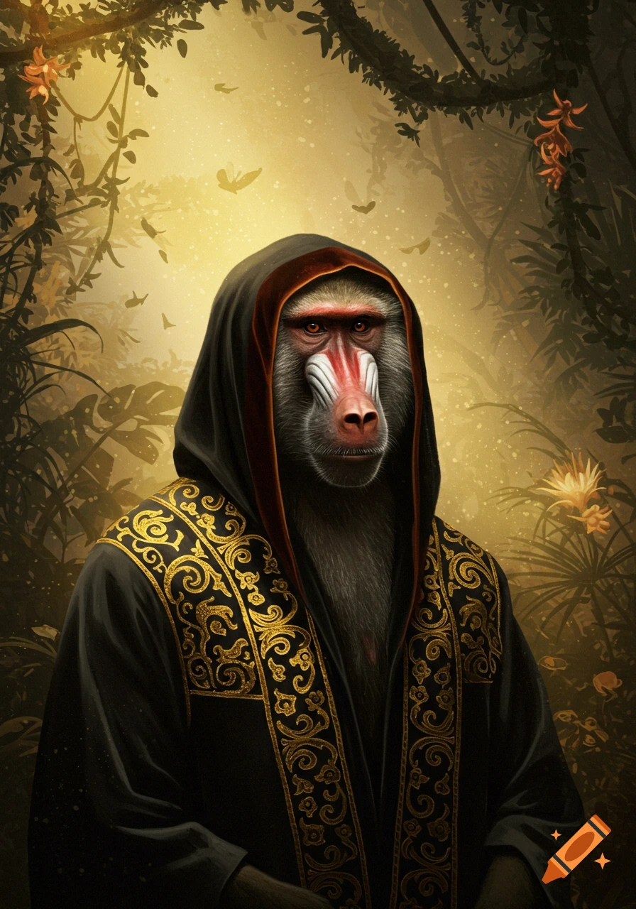 A baboon wearing a black hooded robe with intricate golden patterns stands in a lush, golden-lit jungle.