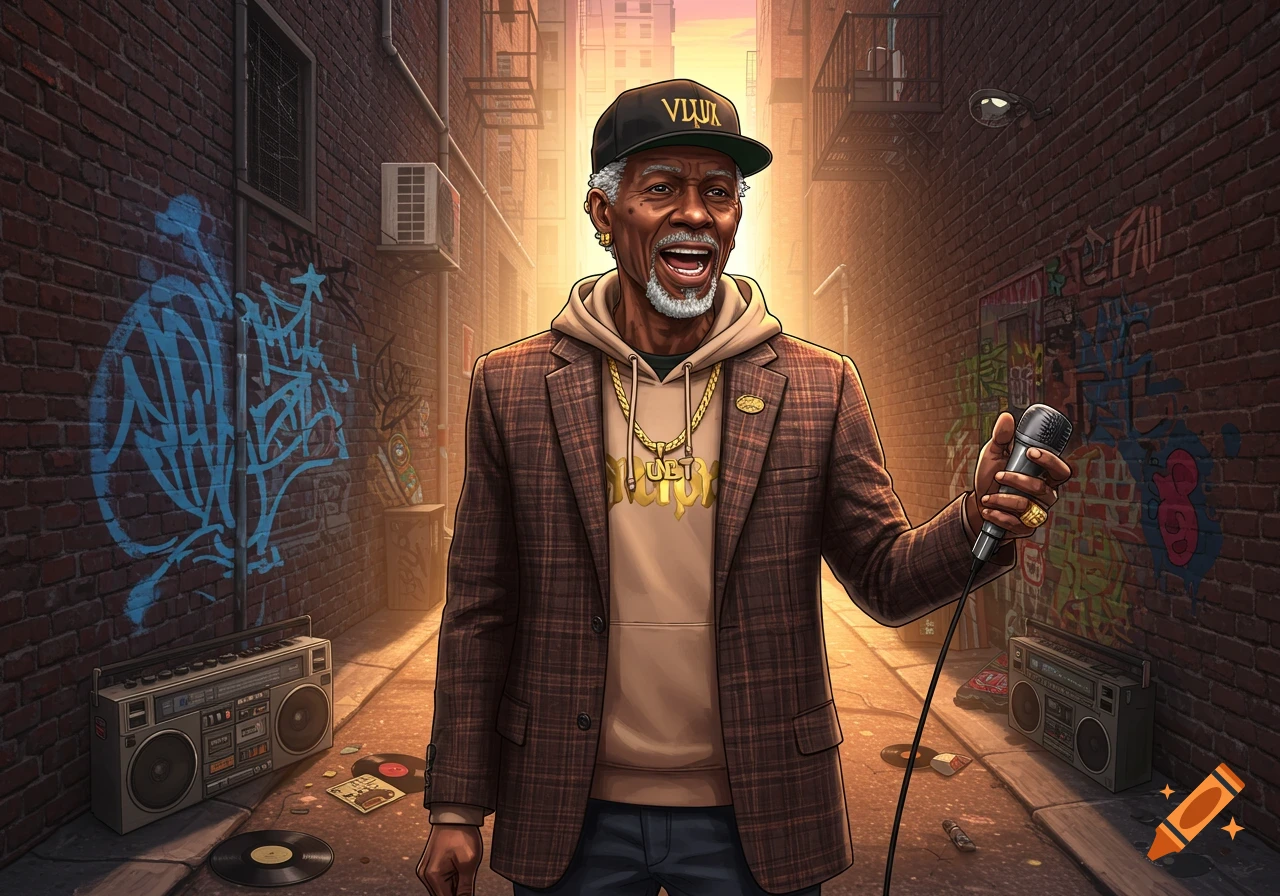 An old man with a grey beard, wearing a plaid jacket, hoodie, and cap, holding a microphone in an urban alley with graffiti and boomboxes, in an illustrated style.