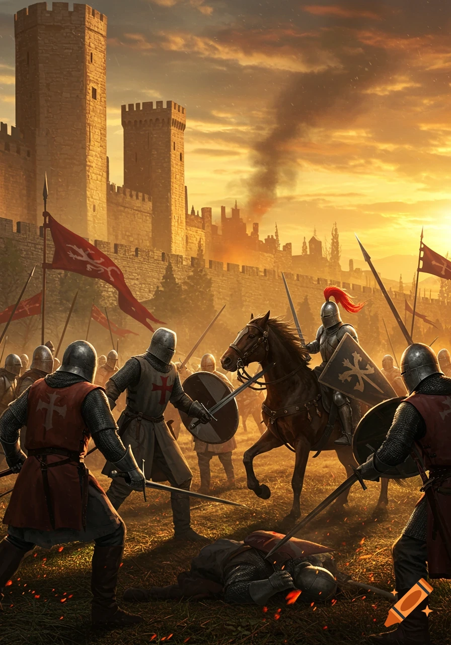 Armored knights battle on a field before a castle at sunset, with swords drawn and one fallen warrior.