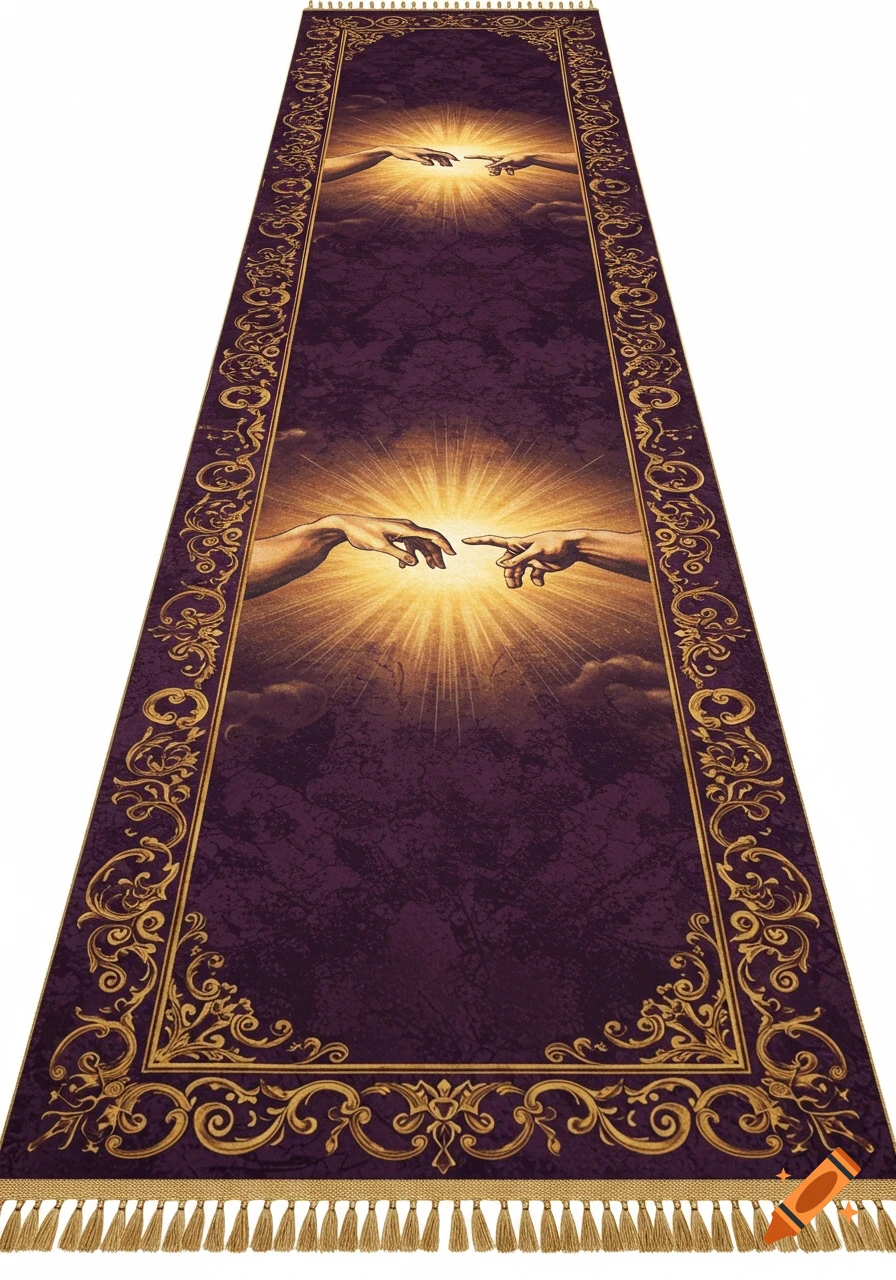 A purple and gold carpet runner with "The Creation of Adam" motif, ornate borders, and tassels.