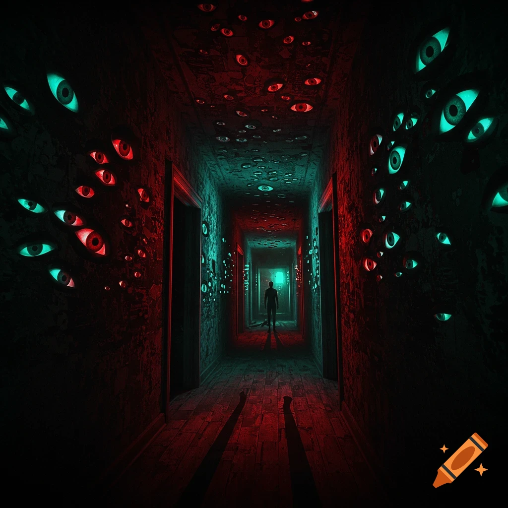 A figure walks down a dark, surreal hallway with red and teal light, covered in many glowing, disembodied eyes watching them.