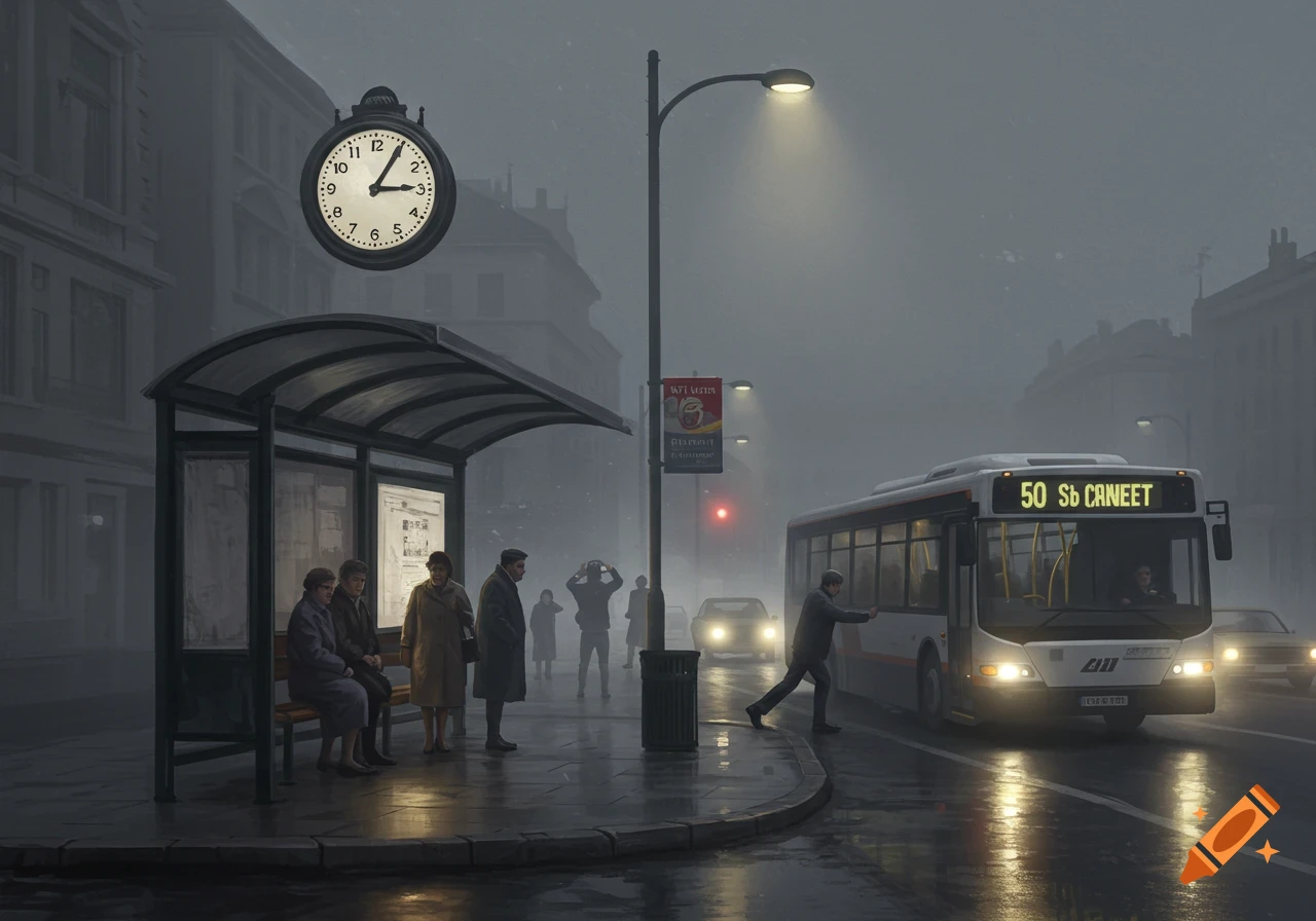 A dark, foggy street scene with a bus stop, people waiting, and a bus arriving. A large clock floats above the street.