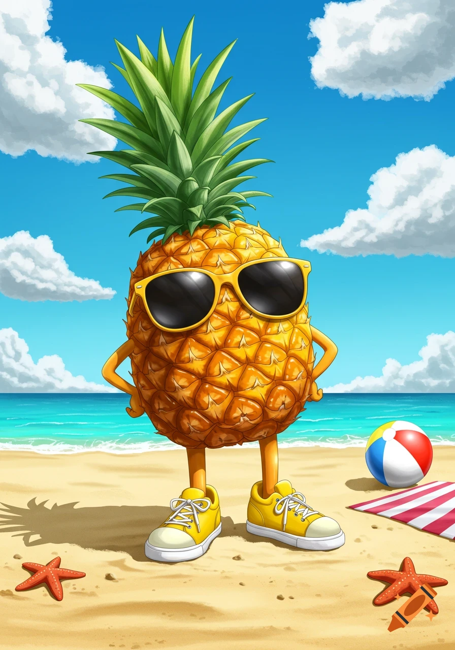 A cartoon pineapple wearing sunglasses and yellow shoes stands on a sandy beach with a blue sky and ocean. A beach ball and starfish are nearby.