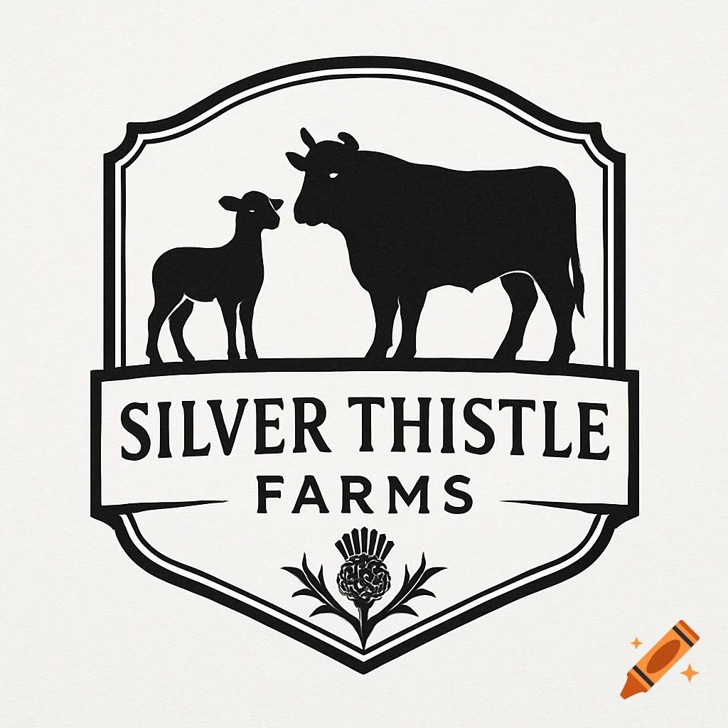 Black and white farm logo with a lamb, steer, "SILVER THISTLE FARMS" text, and a thistle in a shield.