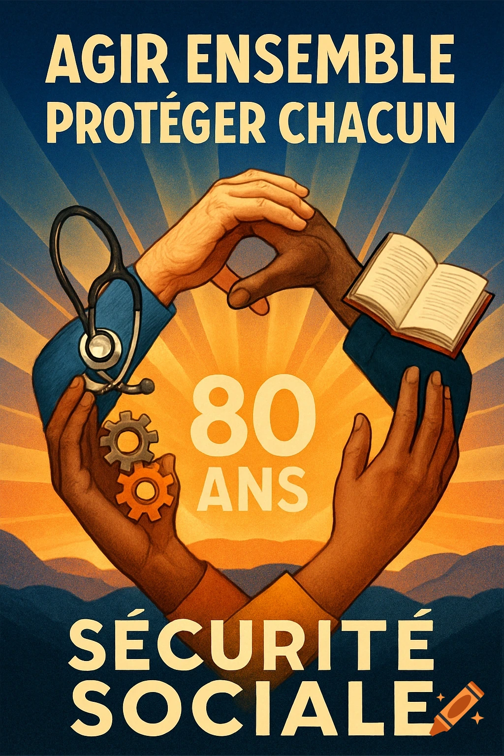 A vintage-style poster with diverse hands forming a circle around '80 ANS' with symbols of health, labor, and education, and text 'AGIR ENSEMBLE PROTÉGER CHACUN' and 'SÉCURITÉ SOCIALE'.