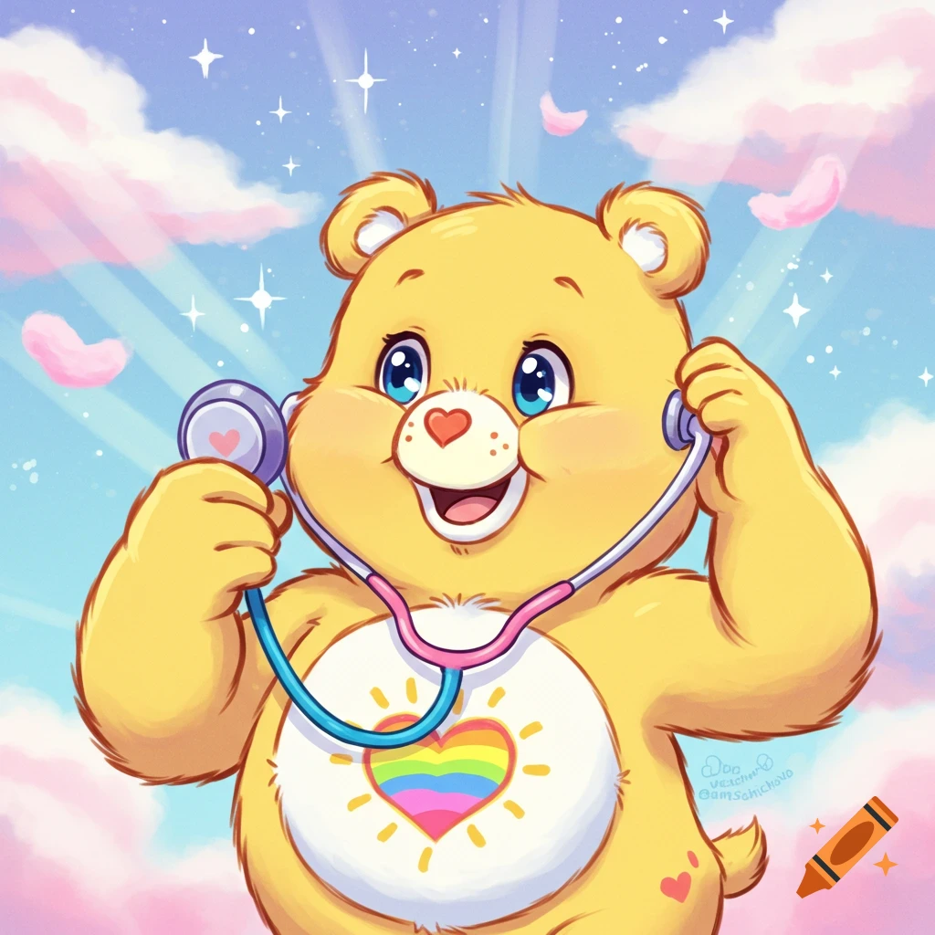 A cute yellow Funshine Bear from Care Bears, with a rainbow heart on its belly, holds a stethoscope to its chest in an anime style.