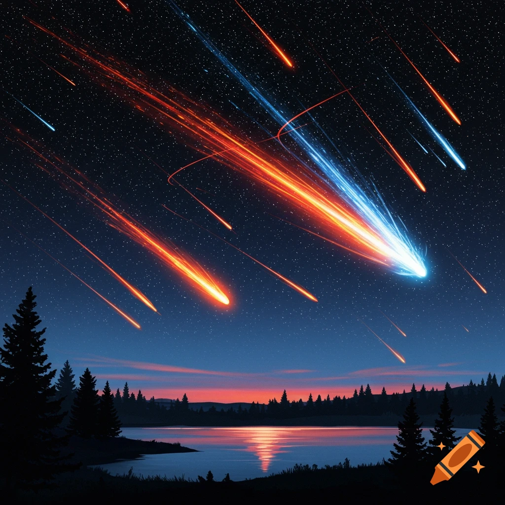 Vibrant comet shower with orange and blue streaks across a starry night sky, reflecting in a lake with a dark forest silhouette.