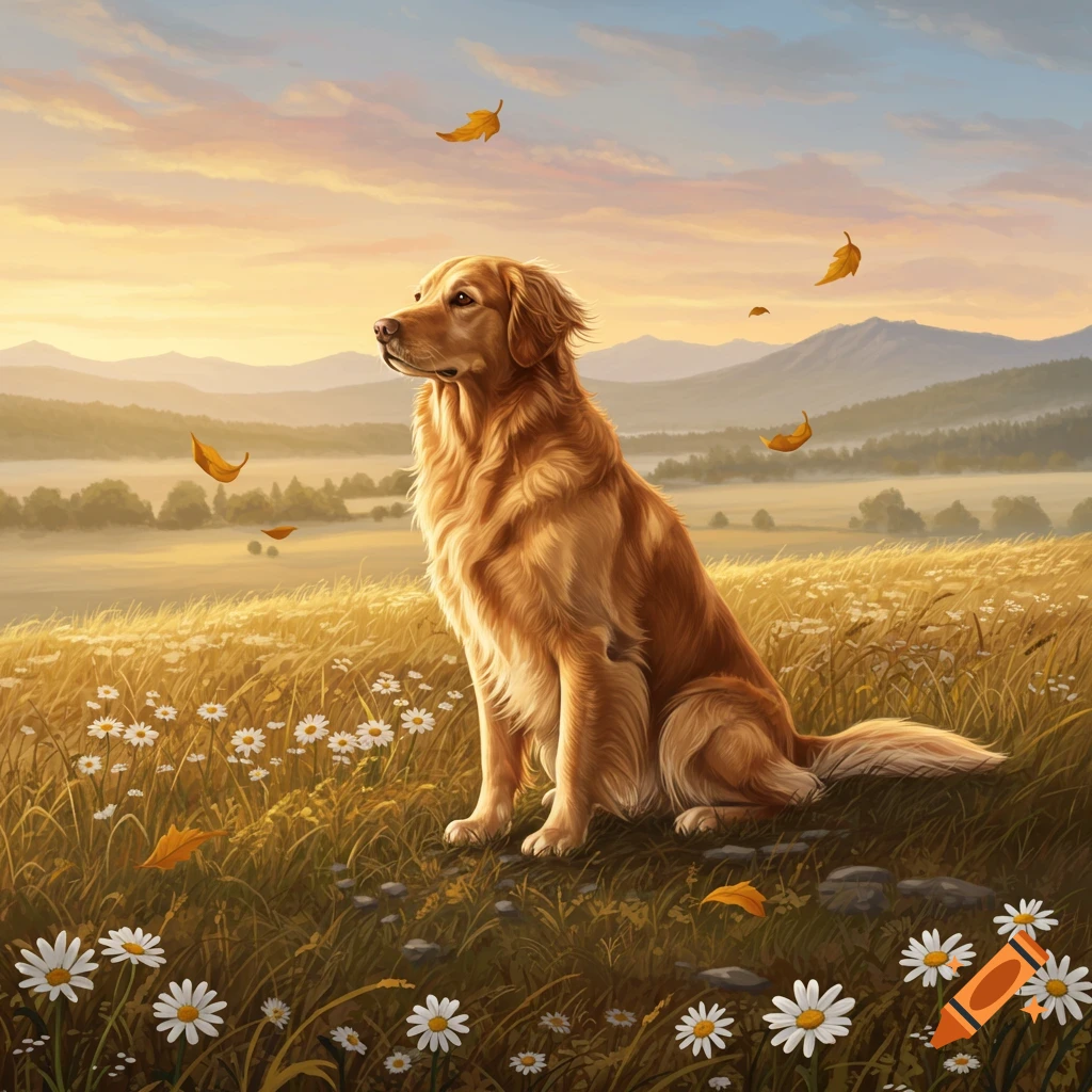 A golden retriever sits in a sunlit field of daisies with mountains in the background and autumn leaves floating, in a painterly style.