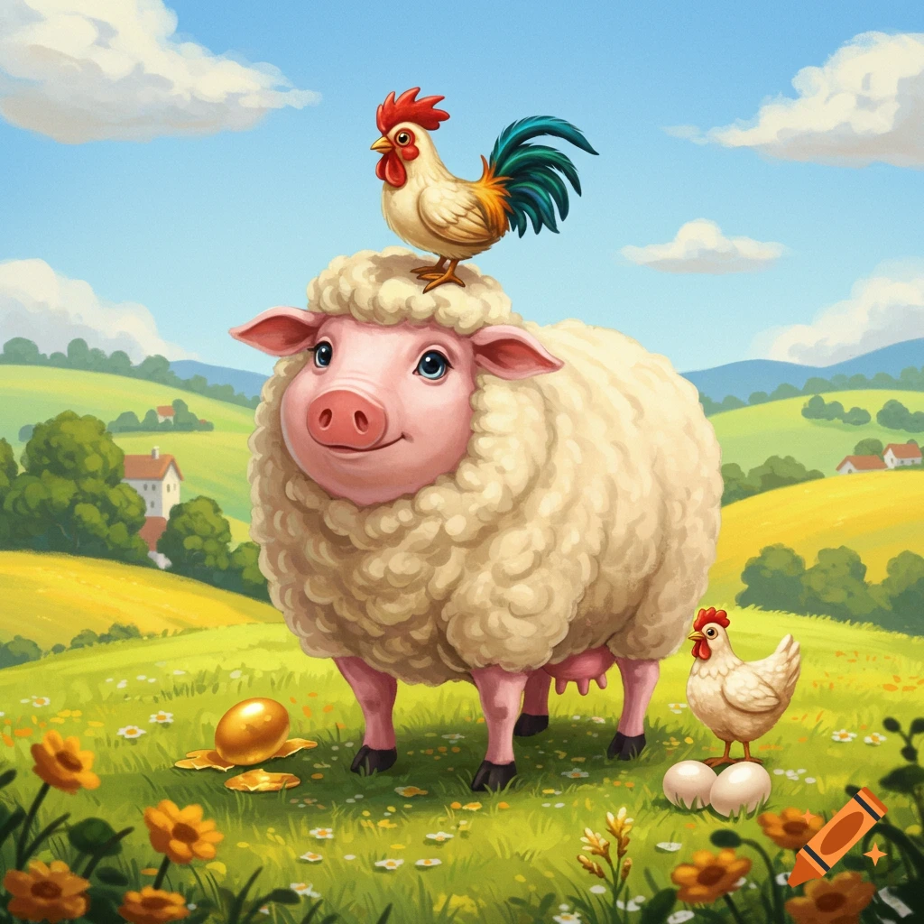 Cartoon of a pig-headed sheep with udders, a rooster on its head, a hen with eggs, and a golden egg in a sunny farm field.