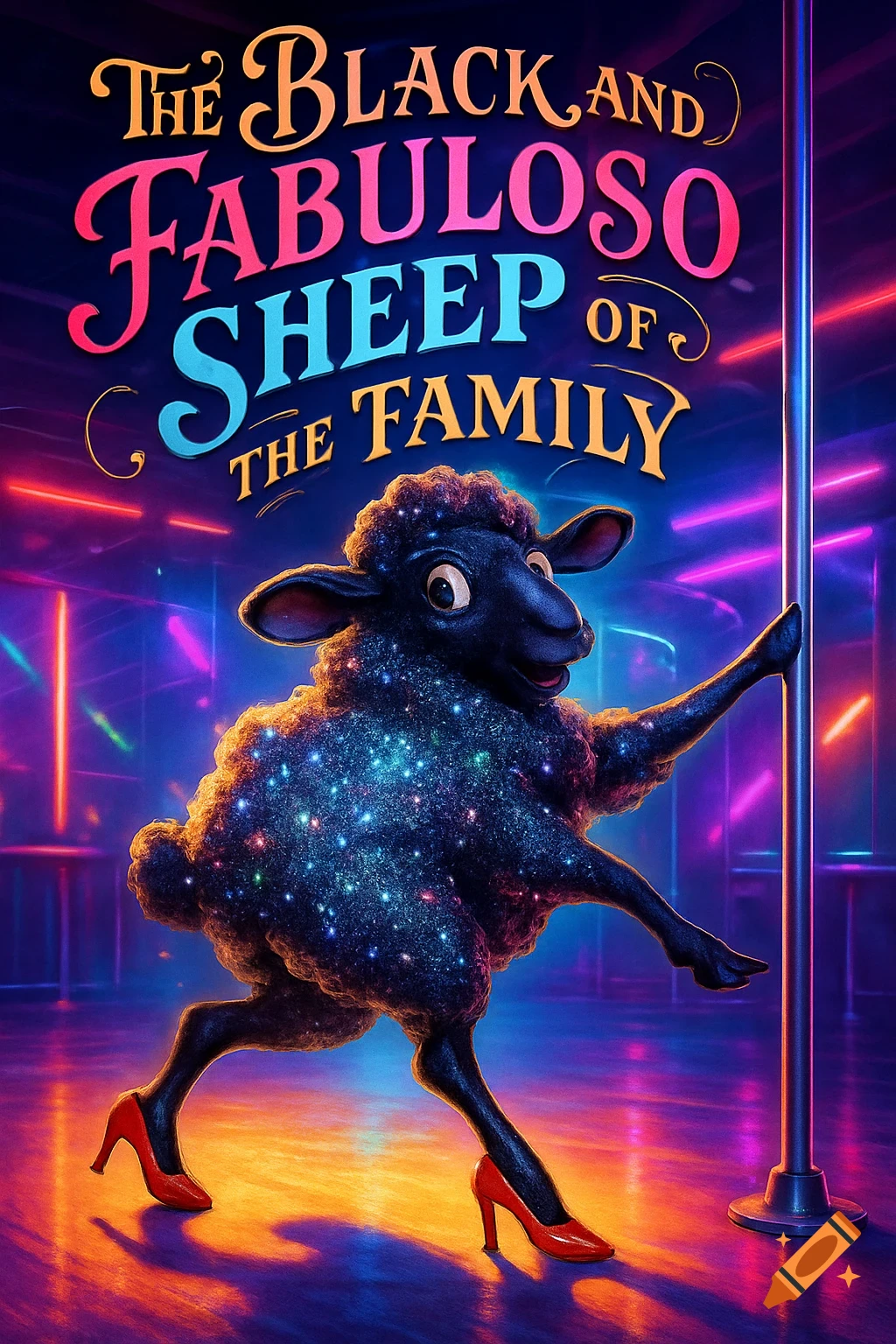 A stylized black sheep with a sparkling coat and red high heels dances on a pole in a neon-lit club, with text 'The Black and Fabuloso Sheep of the Family'.