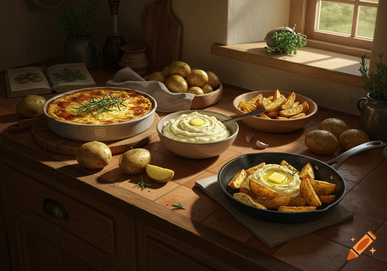 A photorealistic still life of various potato dishes, including gratin, mashed potatoes, and roasted wedges, arranged on a rustic kitchen counter.