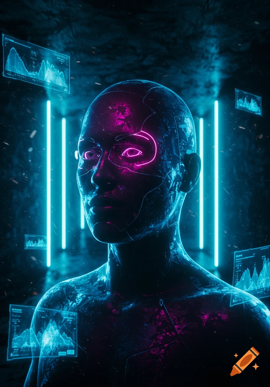 A futuristic cyborg head with glowing pink eyes, illuminated by blue neon lights and surrounded by floating holographic data screens in a dark, atmospheric setting.