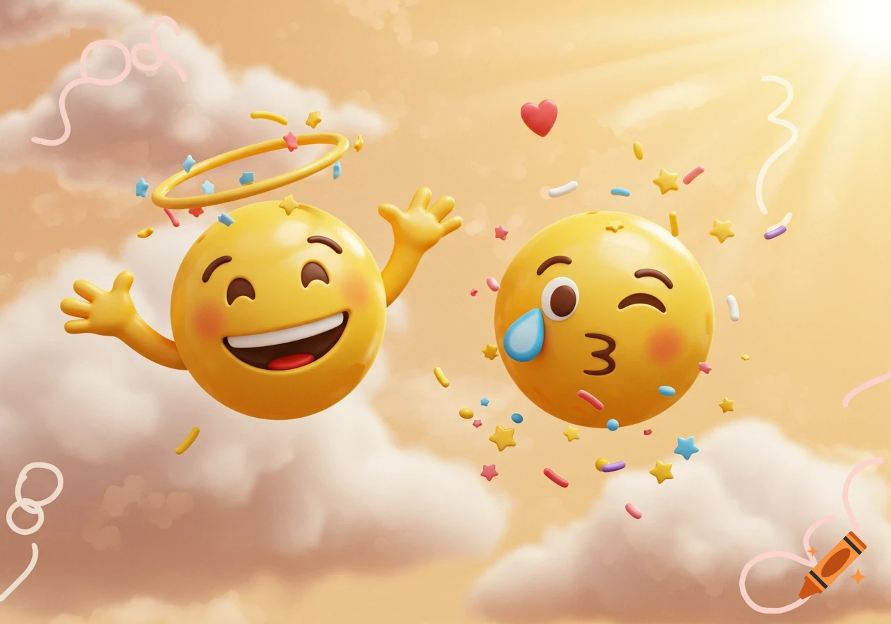 A haloed emoji waving next to a winking emoji with a tear, surrounded by confetti in a bright, cloudy sky.