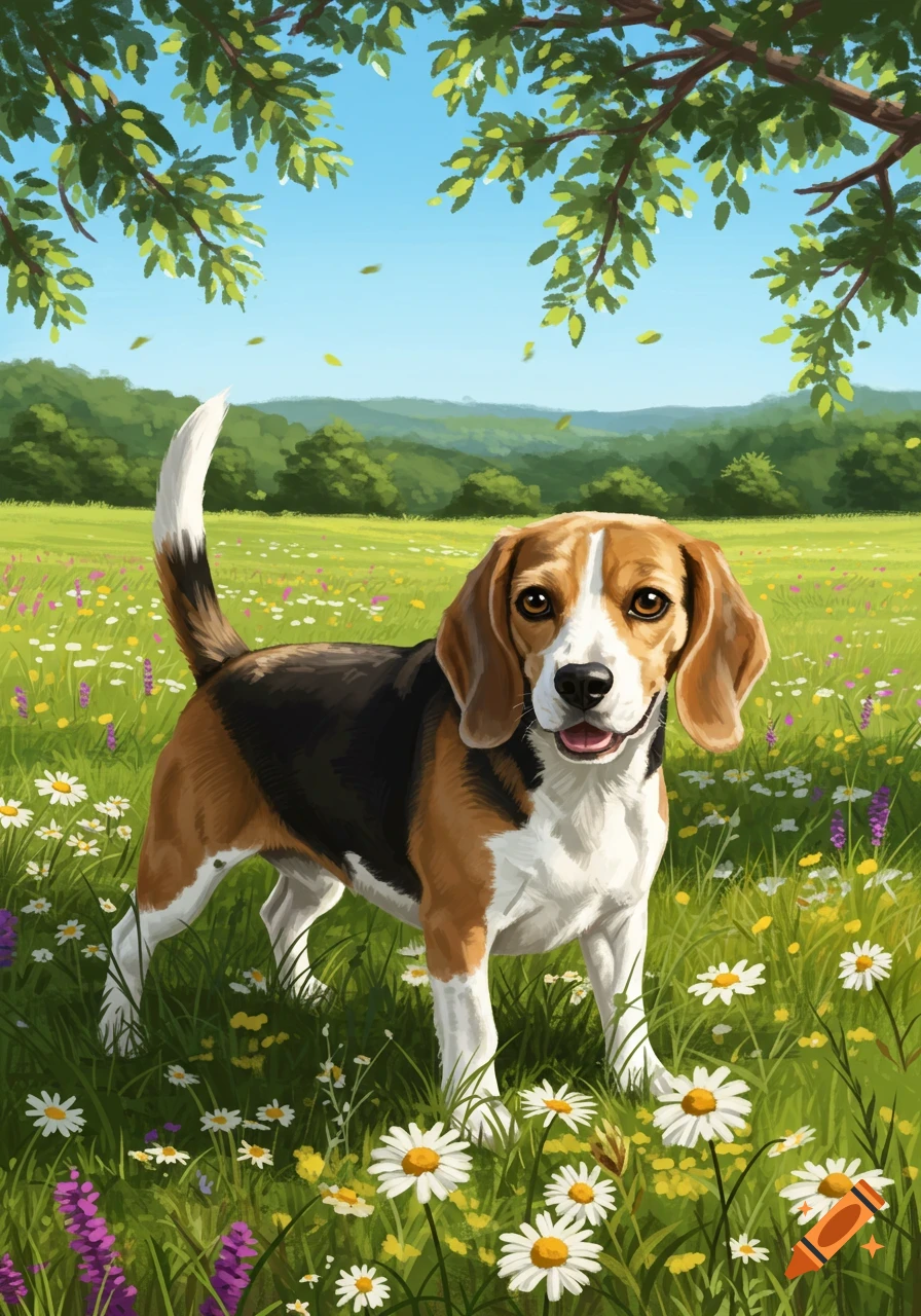 A happy beagle dog stands in a vibrant green meadow filled with white and purple wildflowers under a bright blue sky.