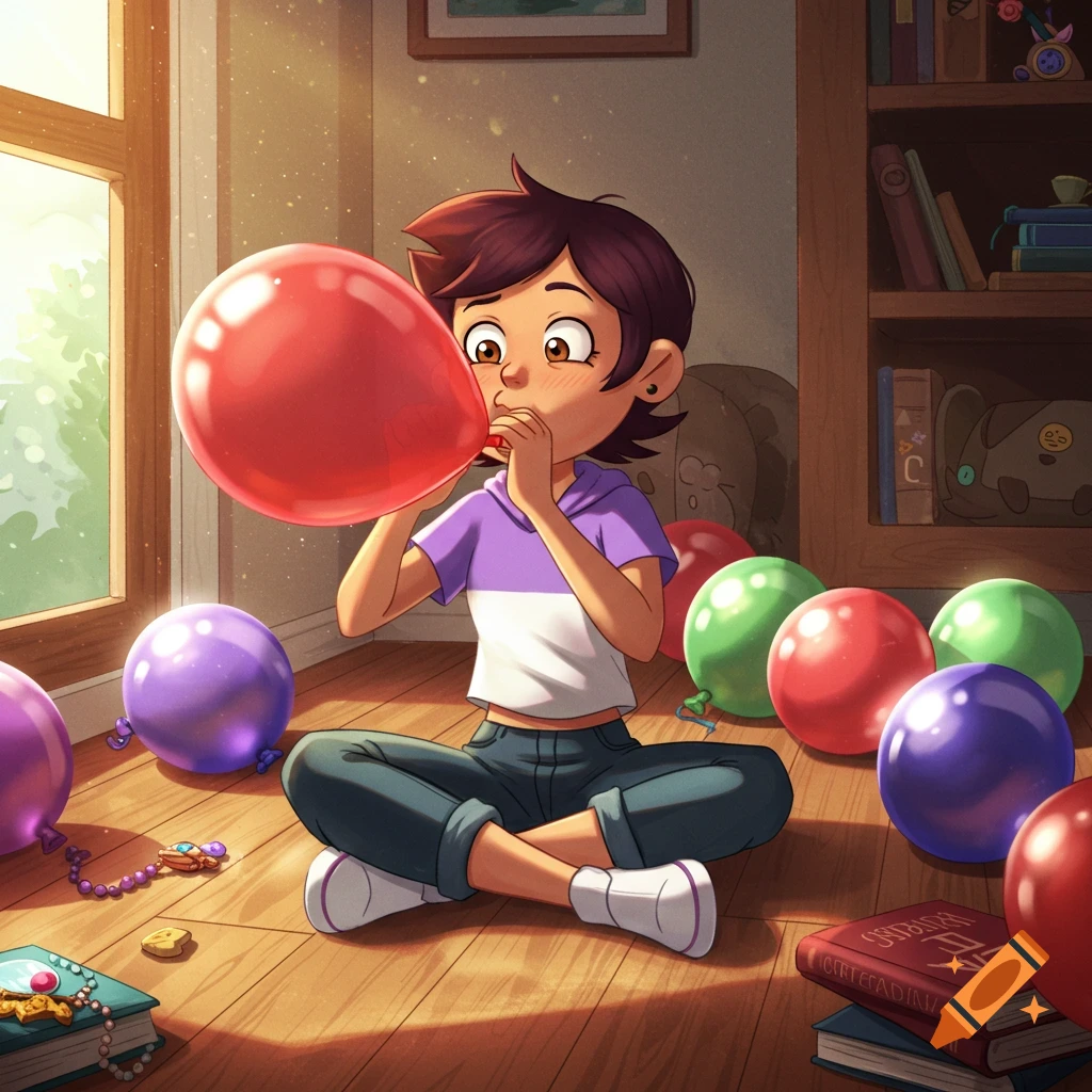 Luz Noceda sits cross-legged on a wooden floor, blowing up a red balloon. Colorful balloons surround her in a sunny room.