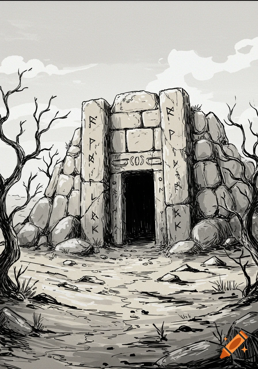 A monochromatic sketch of an ancient stone tomb with runes, surrounded by bare trees in a desolate landscape.