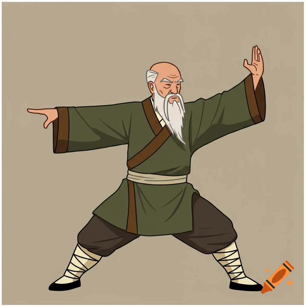 A bald, white-bearded old man in a green martial arts uniform performs a kung fu pose in a simple cartoon style.