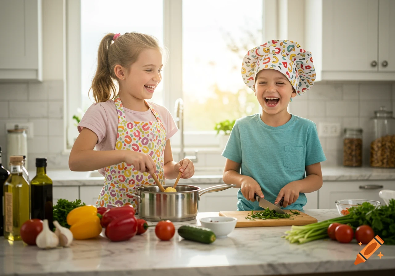 A girl and a boy laugh joyfully while cooking in a sunlit kitchen, surrounded by fresh vegetables.
