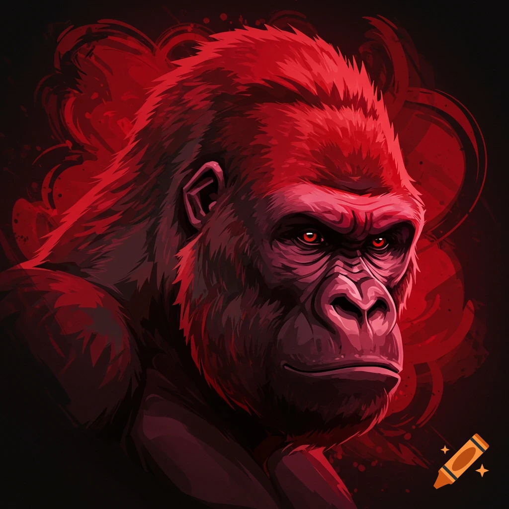 A stylized illustration of a red gorilla's head, with glowing red eyes, against a dark background with red brushstroke elements.