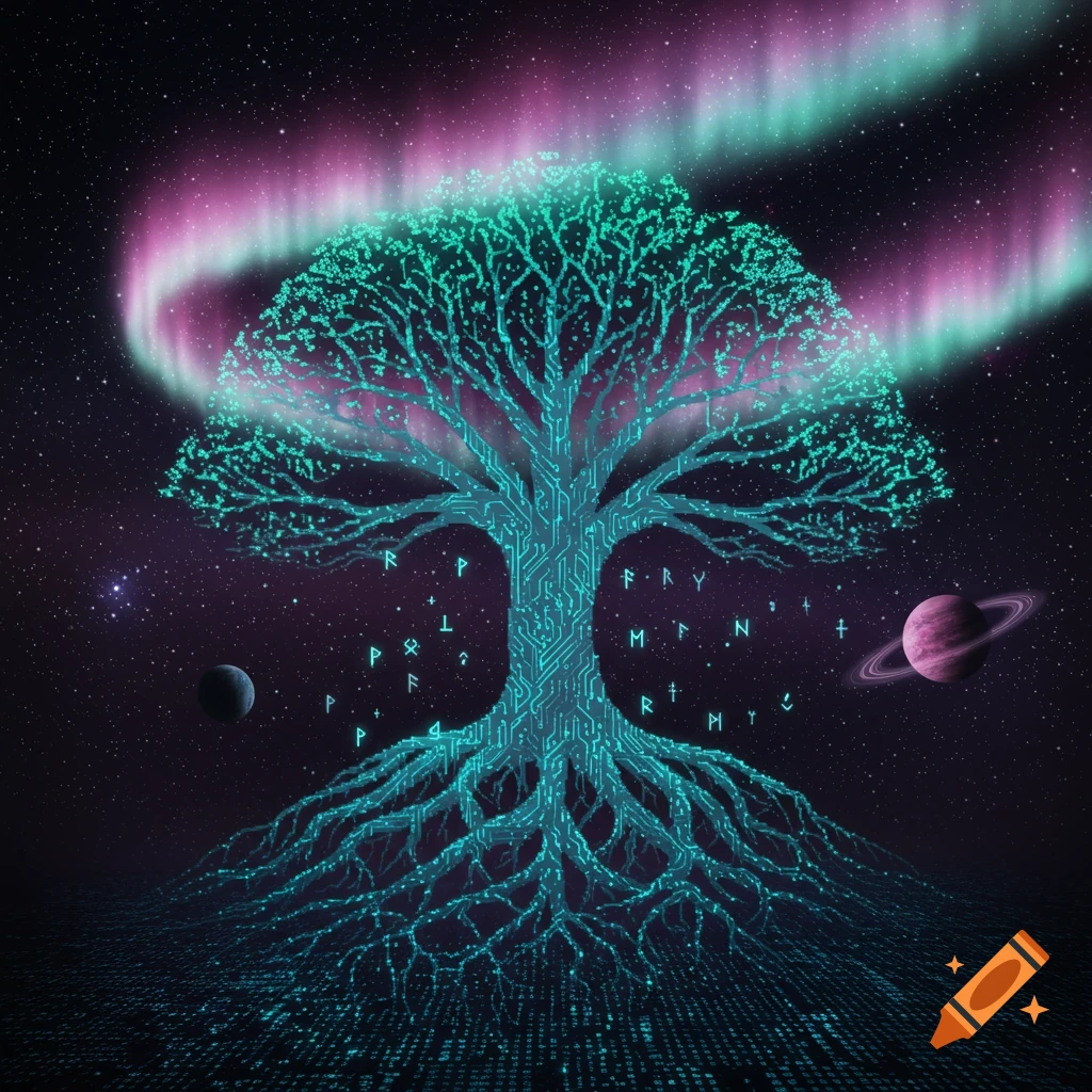 A glowing digital Yggdrasil tree, made of circuits, stands in a starry cosmic background with planets and a vibrant aurora borealis. Incoherent runic symbols are scattered on the tree.