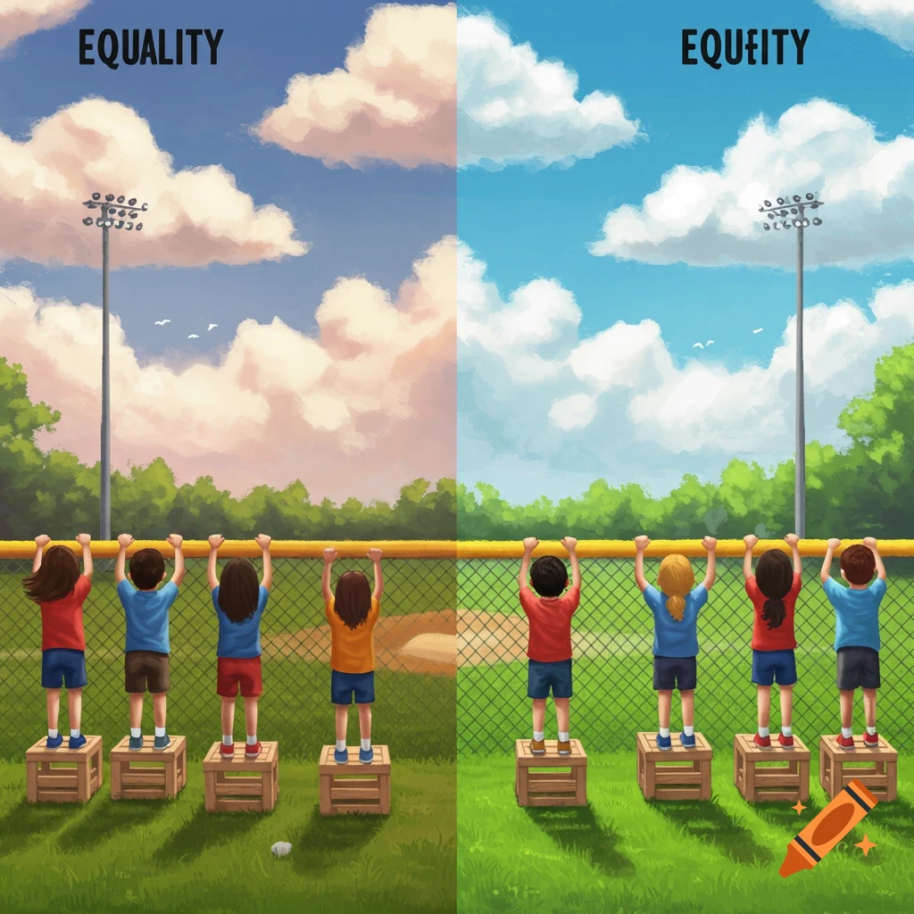 Illustration comparing equality and equity, with children on boxes behind a baseball fence. On the left, all have one box. On the right, boxes are adjusted so all can see.