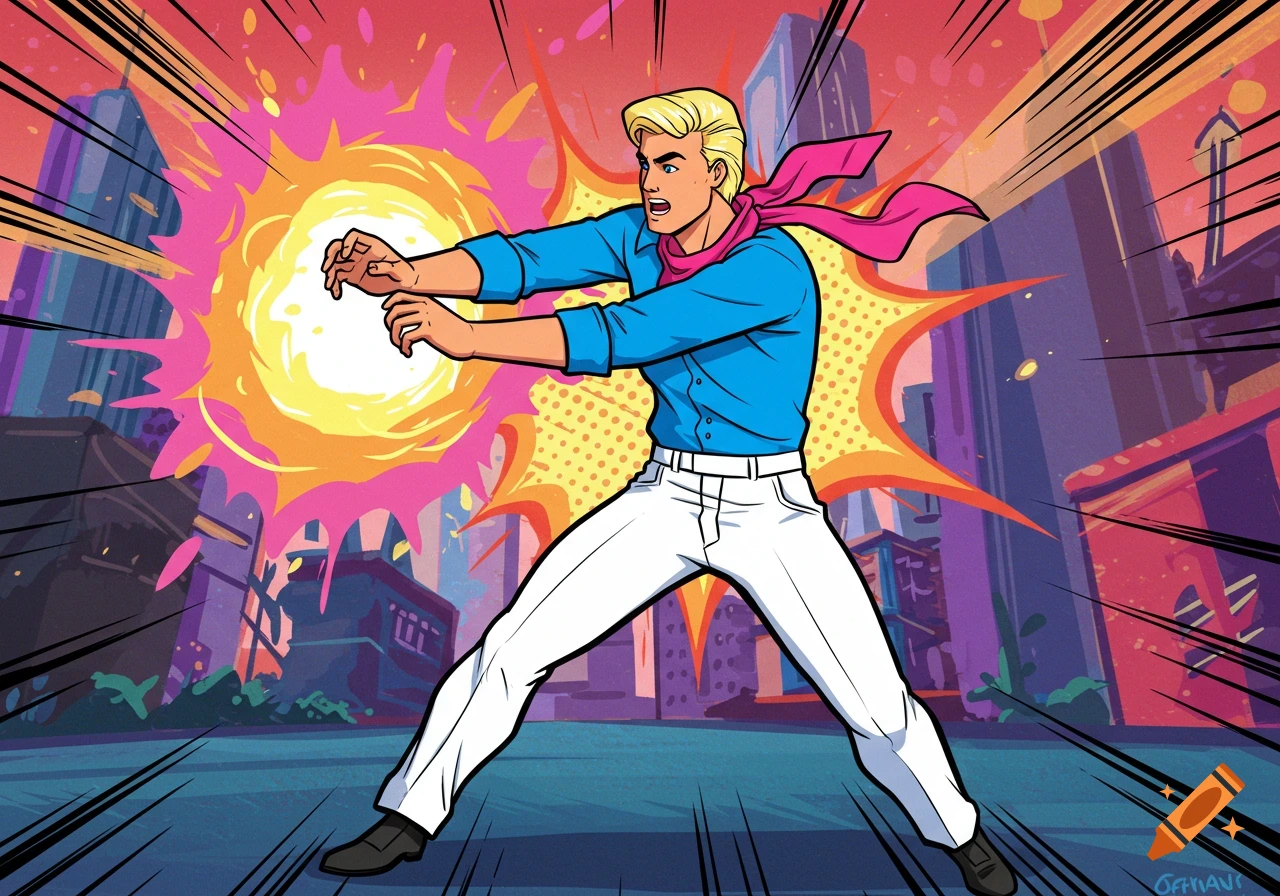 A cartoon man resembling Ken from Barbie, wearing a blue shirt and white pants, fires a bright yellow energy blast in a comic book style.