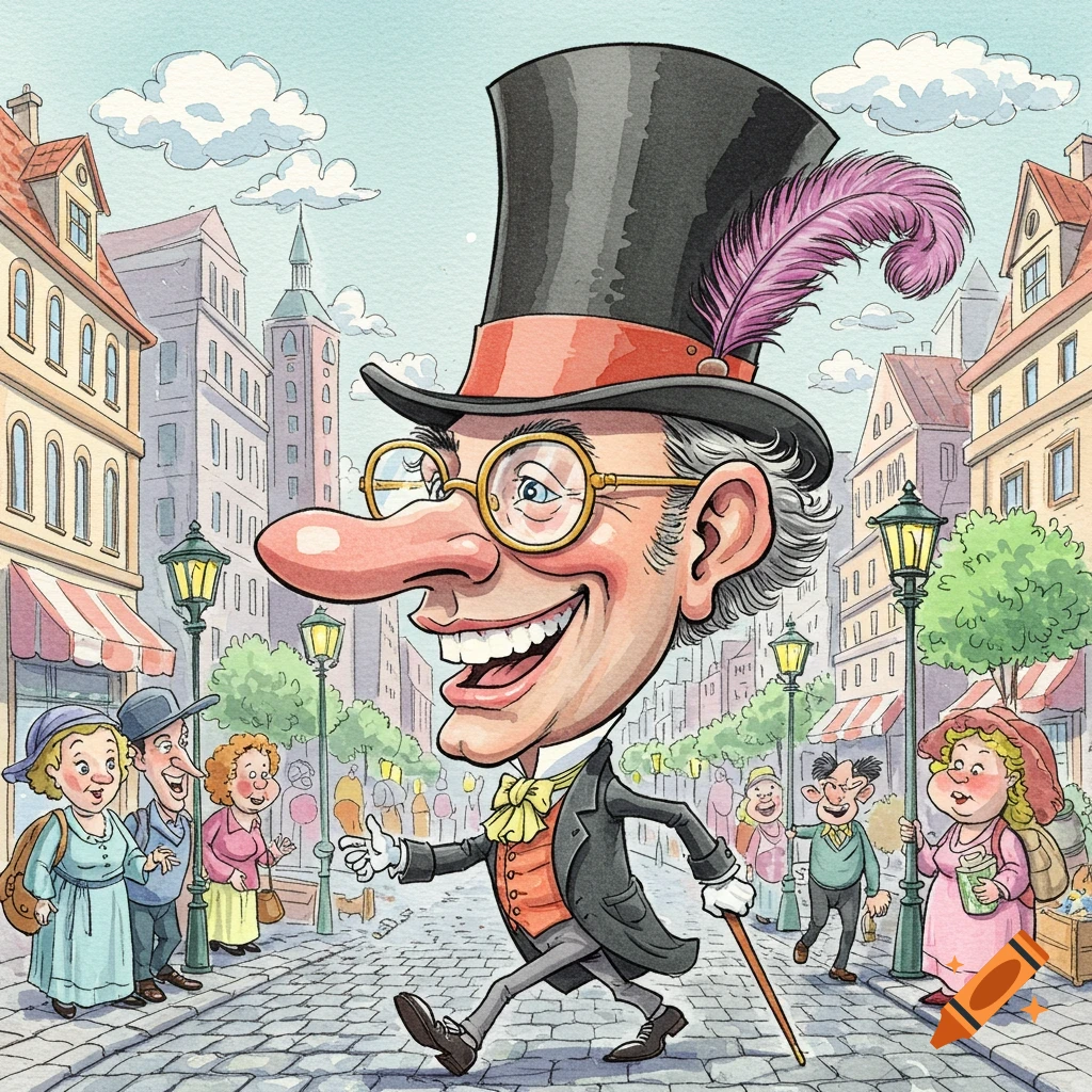 A watercolor caricature of a man with a large nose, glasses, and a top hat, walking down a cobblestone street in a bustling town.