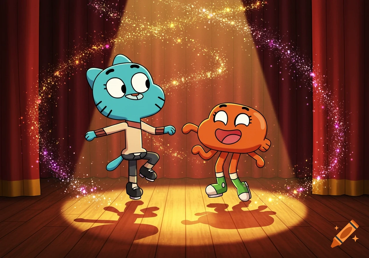 Gumball and Darwin dancing on a stage under a bright spotlight with sparkling effects, red curtains in background.