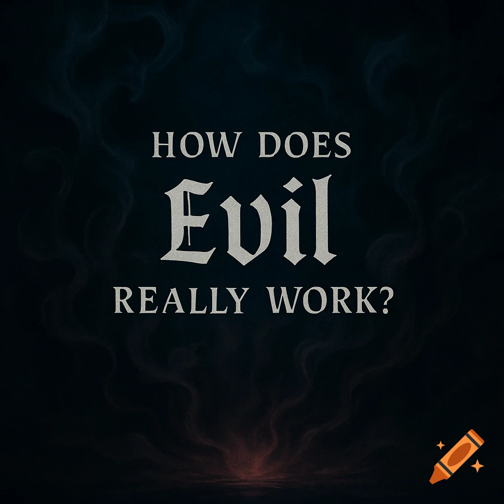 Dark graphic with text "HOW DOES Evil REALLY WORK?" in a distressed font, featuring smoky effects and a reddish glow.