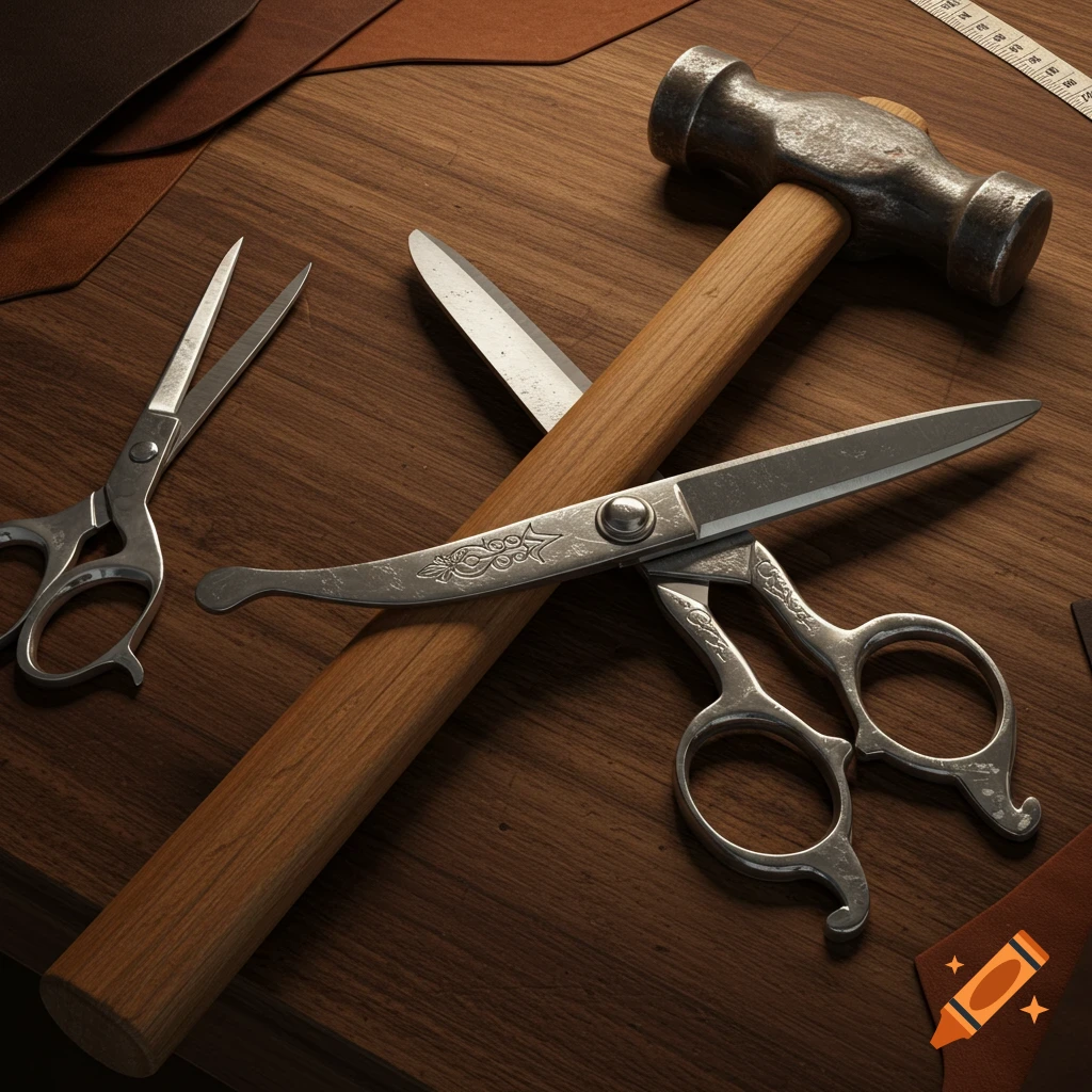 A tailor's scissors and a saddler's hammer crossed on a wooden table, with leather swatches and a measuring tape.