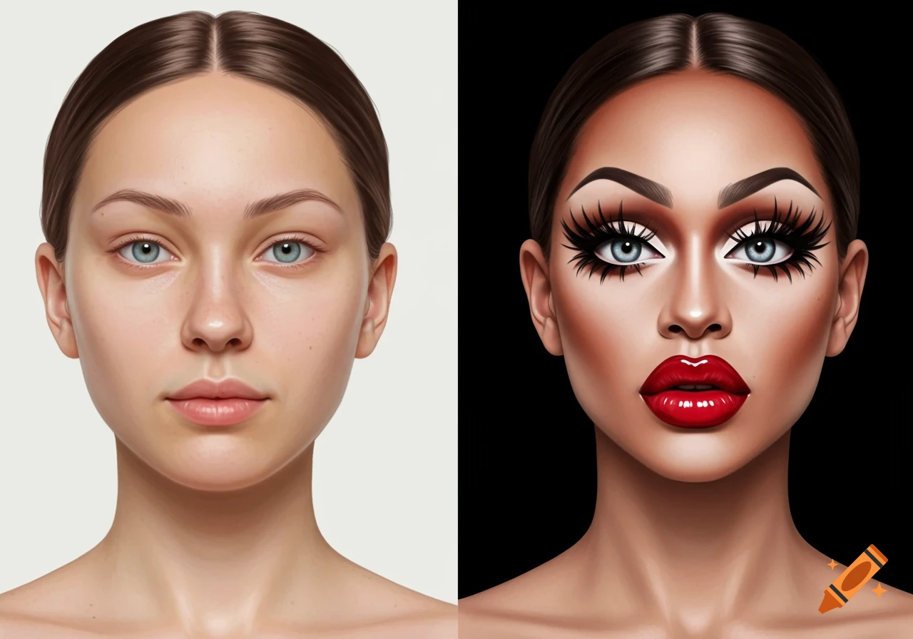 Split image of a woman's face, natural on the left and with exaggerated drag queen-style makeup on the right.