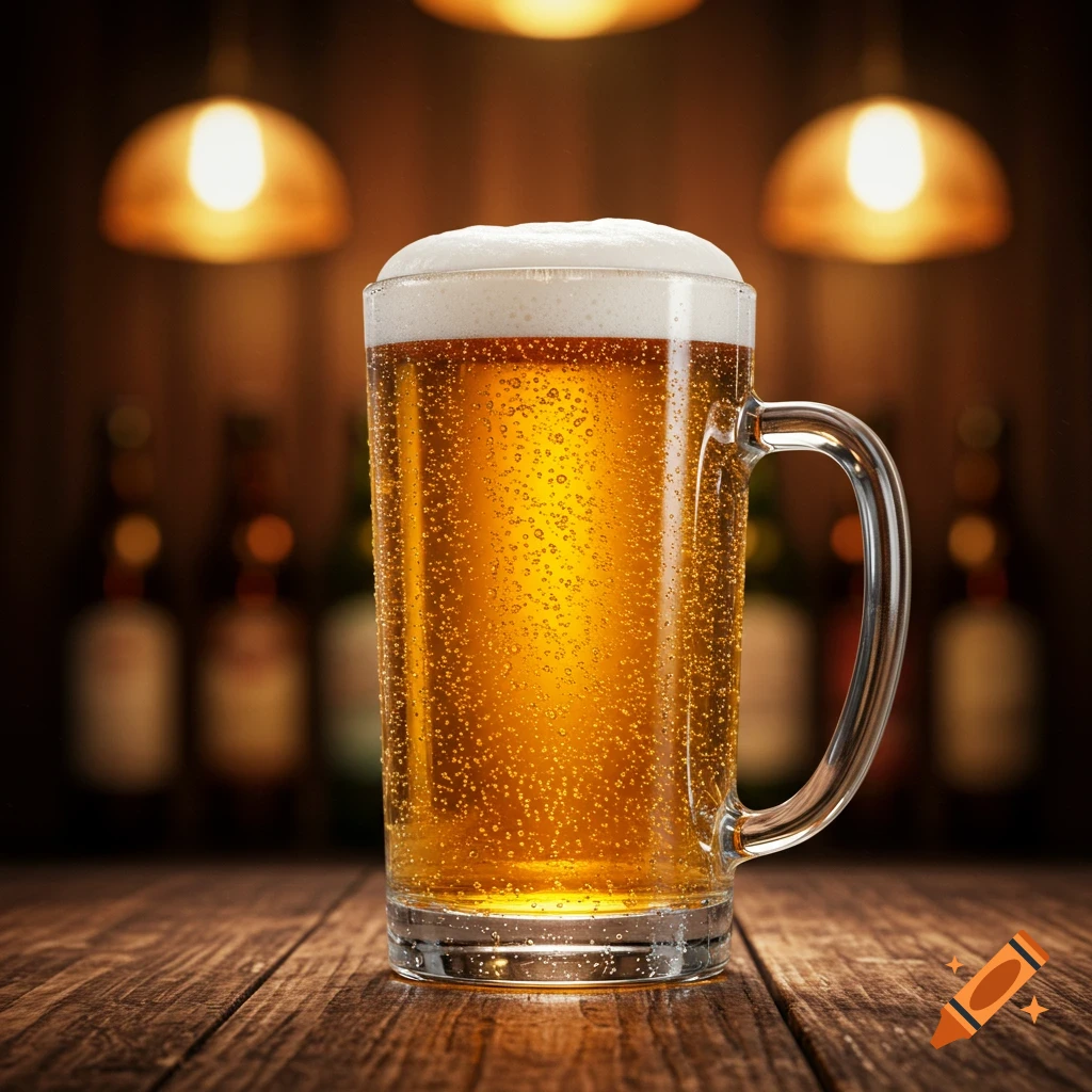 Photorealistic close-up of a frothy mug of beer on a wooden table in a dimly lit bar.