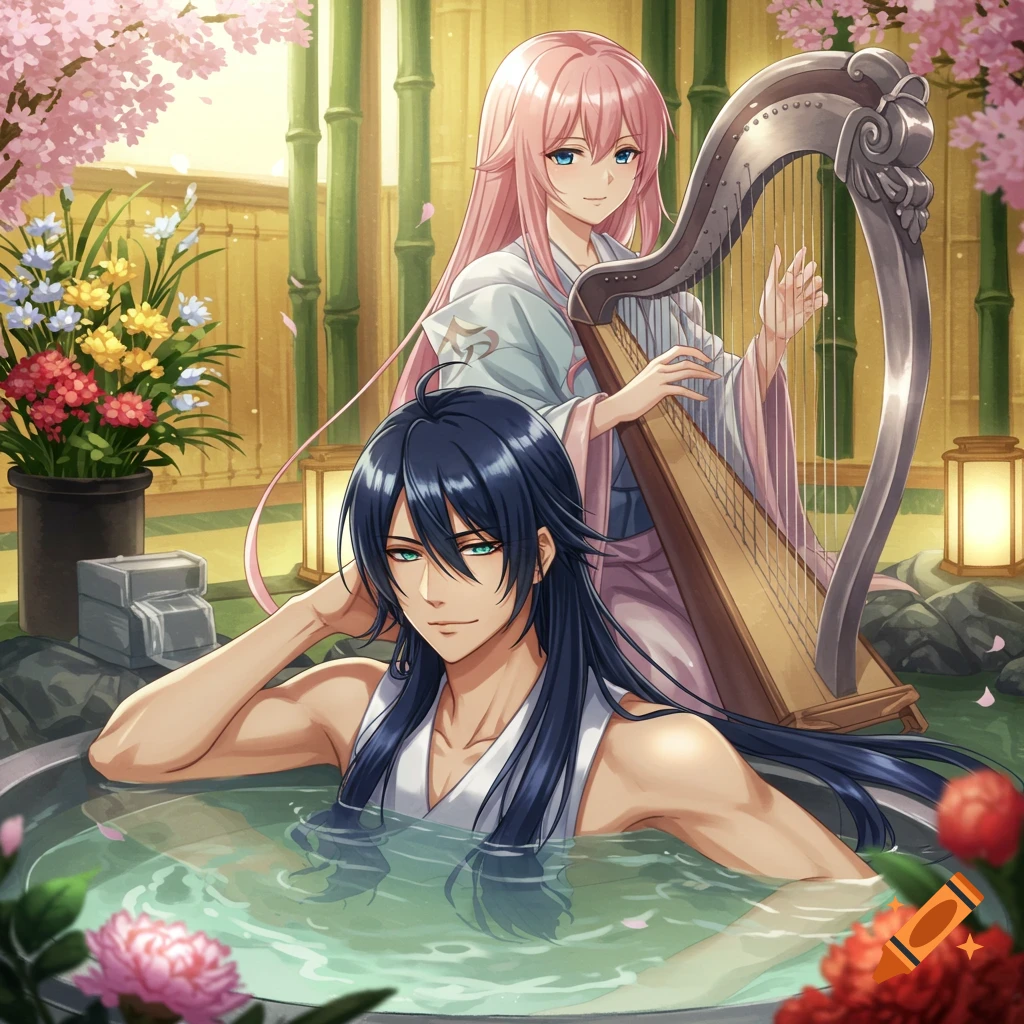 Anime scene of a man with long dark hair relaxing in an onsen, as a woman with pink hair plays a silver harp for him amidst cherry blossoms and bamboo.